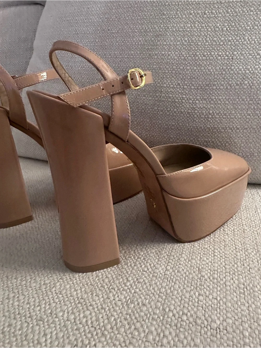 Stuart Weitzman Skyhigh Patent Leather Ankle-Strap Pump Block Heels Closed Toe